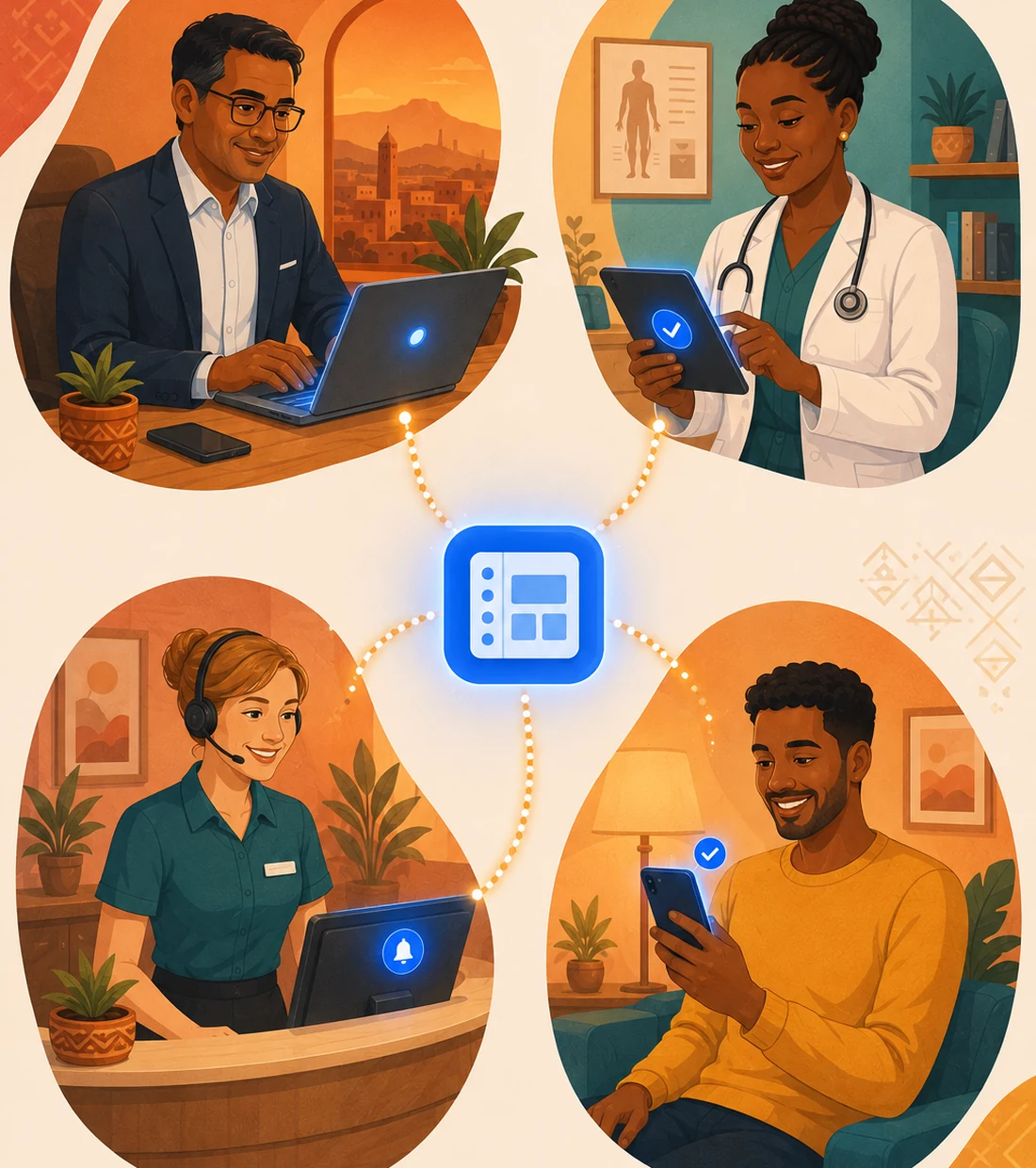 Four connected roles on the MediEazy platform: hospital admin, doctor, secretary, and patient